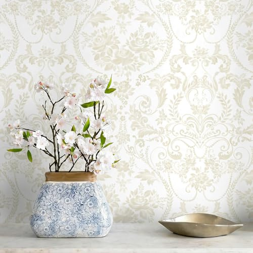 Fiula Beige Wallpaper Floral Peel and Stick Wallpaper Vintage Wall Paper Peel and Stick Modern Damask Watercolor Contact Paper for Bathroom Kitchen Self-Adhesive Vinyl Waterproof 78.7×17.3