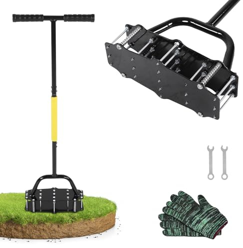 SWTHM Herramienta de aireación manual de césped, herramienta de aireación automática de césped de 17 pinchos asistida por resorte, limpieza automática de suciedad y hojas, aflojador de suelo con