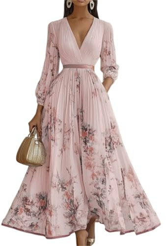 Abito da donna in chiffon con stampa floreale profondo scollo a V maxi abito avvolgente a maniche lunghe Flowy a Line Maxi abiti da cocktail per la primavera, rosa, XXL