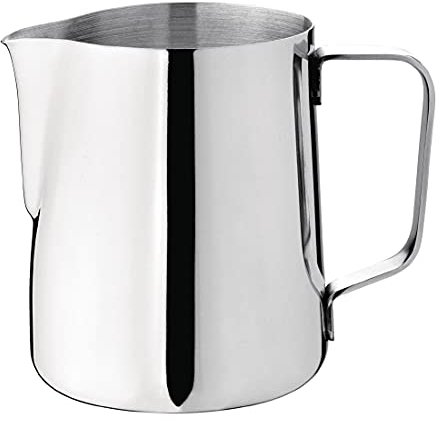 Olympia Stainless Steel Milk Frothing Jug 340 ml/12 oz, Silver, Mirror Finish, Size: 95(H)x70(Dia)mm, Milk Jug for Cappuccinos & Lattes, Non-Drip Spout, Latte Art Milk Jug, J316