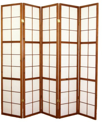 PEGANE Paravent Japonais Shoji en Bois Brun de 5 pans L220 x H175 x P2 cm