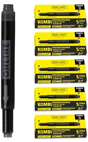ONLINE 25x kompatible LAMY Patronen schwarz, auch für Pelikan, Stabilo etc., Universal Tintenpatronen, Füller Patronen, Vorteilspack Kombi Patrone black, Ersatz-Patronen Füllhalter
