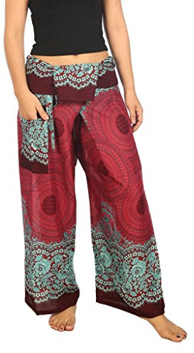 Lannaclothesdesign Women's Thai Fisherman Pants Yoga Trousers Wide Legs Pants (Large-X-Large, Burgundy Rose)