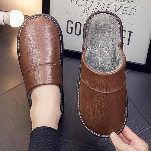 Nuevas zapatillas Slip On Mules para hombre,Zapatos de algodón de cuero cálido de otoño e invierno, zapatillas cómodas antideslizantes-amarillo marrón _42-43,Zapatos de interior para mujer lavables p