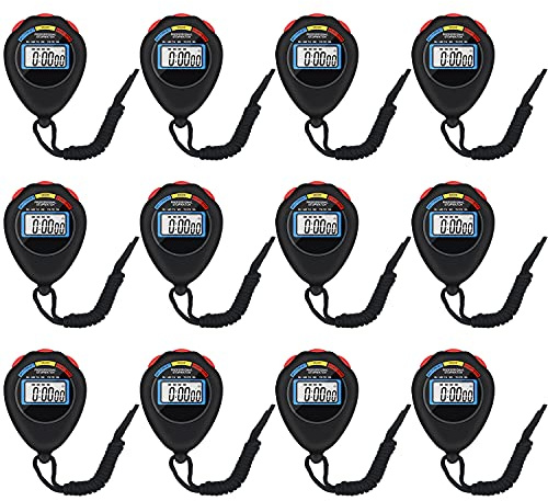 12 Pack Multi-Function Electronic Digital Sport Stopwatch Timer, Large Display with Date Time and Alarm Function,Suitable for Sports Coaches Fitness Coaches and Referees（Black）