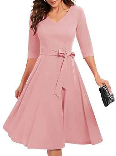 Bbonlinedress Robe Femme Chic et Elegant Hiver Mi Longue pour Cocktail Soirée Bal Cérémonie Fête Mariage Pin Up Manches Longues avec Ceinture Blush 2XL