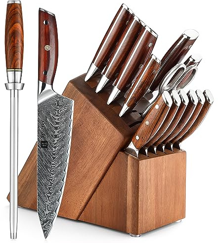 XINZUO 15 Pezzi Set di Coltelli da Cucina in Acciaio Damasco 67 Strati, con Blocco Coltelli, Coltelli da Cuoco Affilati Professionale- Forbici da Cucina Multifunzione e Acciaini Affilatori