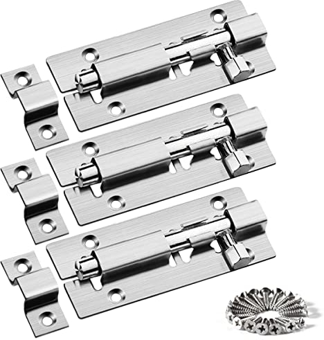 Stainless Steel Heavy Duty 3'' Gate Bolt Locks - 3Pcs Slide Latch Barrel Bolt for Bathroom Shed Door Yard Garage Gates (Silver)