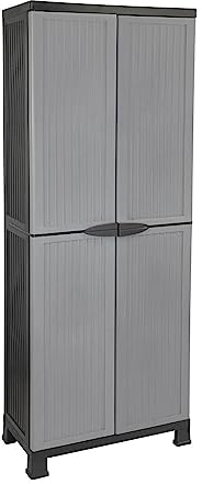 ORION91 - Armario de Resina Alto Almacenaje con Escobero, Exterior e Interior, Jardín y Terraza, 4 Baldas, 2 Puertas, 60kg Carga Máxima, Dimensiones 39x68x171cm (Largo x Ancho x Alto), Gris o Negro