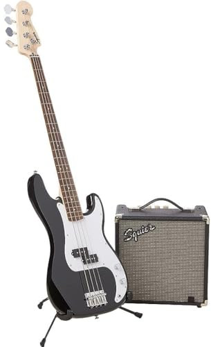 Squier by Fender Affinity Series Präzisions-Bass-Set, Griffbrett aus Ahorn in Schwarz, mit Gigbag und Rumble 15 Bassverstärker