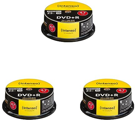 Intenso DVD+R 4,7 GB 16x DVD-Rohlinge bedruckbar Kratzfest 25er Spindel (Packung mit 3)