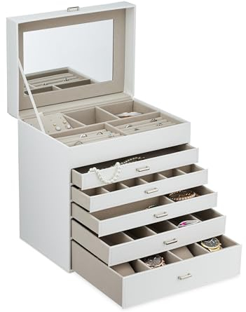 Relaxdays Valigietta Portagioie, Organizer per Gioielli, Cofanetto Portagioielli in PU Specchio, 32,5x30,5x22 cm, Bianco, Poliestere
