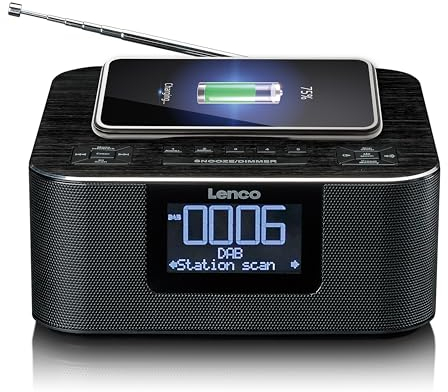 Lenco CR-650 Dab+ Radio-réveil avec Dab+ et FM - 20 Stations mémorisables - Fonction Snooze - 2 x 2 W RMS - LCD - Chargeur USB et Qi - Noir