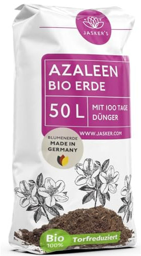 JASKER'S Bio Azaleenerde 50 L - Saure Erde mit 20% weniger Torf für Moorbeetpflanzen - Erde für Pflanzen mit Dünger - Moorbeeterde - Pflanzenerde mit saurem PH-Wert für Azaleen und Erika (Calluna)