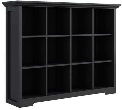 OSCHF Cube Storage Bookcase with Base - Wooden 3 Tiers Floor Standing Open Shelf Cabinet for Home and Office, 12-Cube Lattice Bookshelf, Black