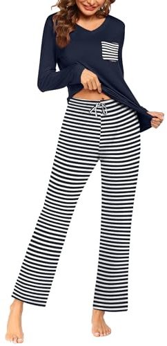 Ekouaer Pigiama da Donna Set da Notte a Maniche Lunghe Morbido Pigiama da Donna Pigiama Completo da Notte a Righe Blu L