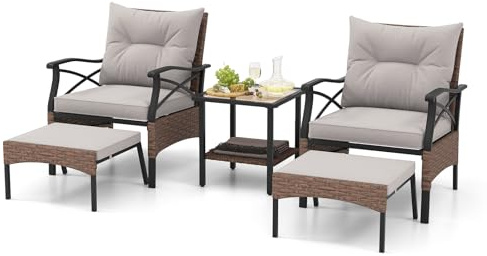COSTWAY Salon de Jardin en Rotin 5 Pièces (Marron+Brun) | Ensemble de Meubles de Patio avec 2 Chaises 2 Poufs et 1 Table Basse Plateau en Verre Trempé Coussins Doux, pour Patio Cour