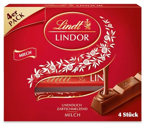 Lindt Schokolade | LINDOR Milch Sticks | 100g | 4 Schokoladen-Sticks aus Vollmilch-Schokolade mit zartschmelzender Füllung | Schokoladen-Stick