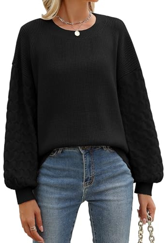 heekpek Jersey Punto Mujer Cuello Redondo Suave Sueter Mujer Manga Larga de Linterna Cálido Suelto Jersey Mujer Otoño Invierno Elegante