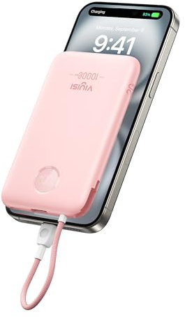 VIYISI Batería Externa 10000 Mah Ultrafino, QC 22,5w Power Bank Carga Rápida con Cable USB C Integrado PD 20W Compatible con iPhone 16 15 Samsung S24 S23 S22 - Rosa