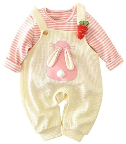 AOOPOO Ensemble Salopette et T-shirt Bébé Fille Blouse Rayé à Manches Longues en Coton+Salopette Bébé avec Lapin 3D Mignon Combinaison Ensemble Vêtements 2 Pièces Automne Printemps Tenue 6 Mois-3 Ans
