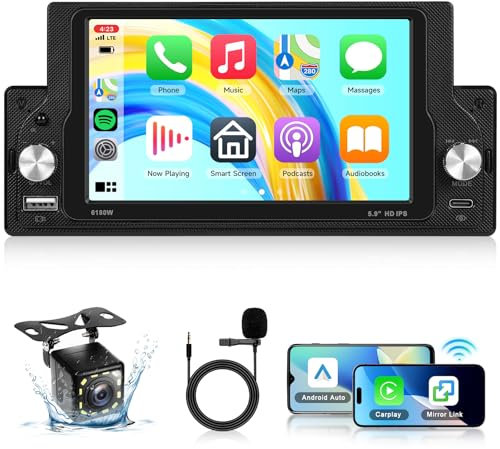 VECHTEL Autoradio 1 Din con 5,9 IPS HD 2,5D Schermo Carplay Android Auto senza fili, Stereo Auto Touchscreen con Bluetooth 5,0, Mirror Link, FM, USB, Type-C, SWC, Microfono, Telecamera Posteriore