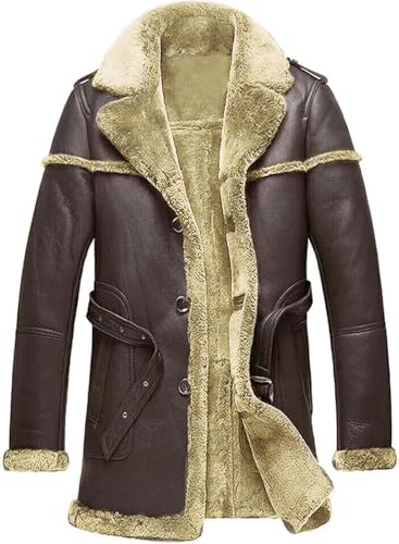 Harocks Men's Mid-Length Long Sheepskin Leather Safari Style Coat with Shearling Fur Lining Duffle Leather Coat (US, Alpha, Large, Regular, Regular, Coffee Brown-Cream Fur)