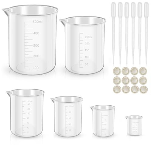 Messbecher Set mit 25ml 50ml 100ml 150ml 250ml 500ml Hitzebeständige Kunststoff Messbecher mit Skala Pipetten Fingerlinge für Labor Küche
