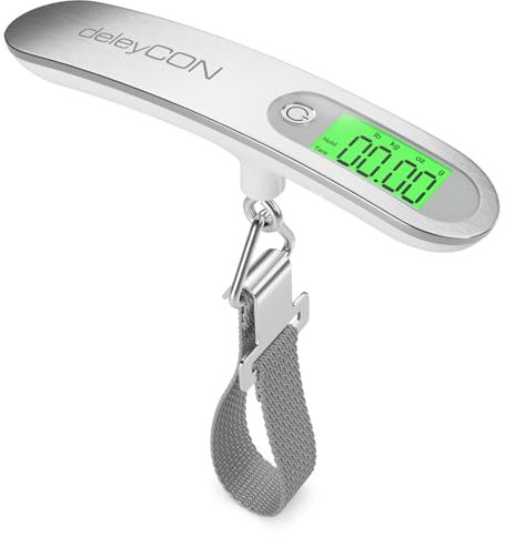 deleyCON Digitale Kofferwaage Gepäckwaage mit Display (bis 50kg, Inkl. Batterie) Tragbare Waage mit Haken für Reisekoffer Küche Angeln Hängewaage Fischwaage mit TARA Funktion Silber/Weiß