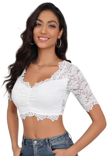Hotouch Dirndlblus, dam, spets, kostymblus, vit, kortärmad, Dirndl-blus, elegant, svart, spetsblus för Oktoberfest stretch, traditionell blus med knapp, XS–XXL, Vit, L