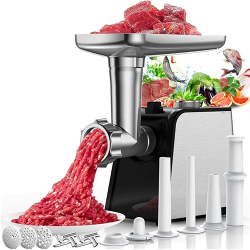 Picadora de carne eléctrica con relleno de salchicha, acero inoxidable 3 en 1, picadora de carne eléctrica y salchicha con 3 tubos de llenado de salchichas, 2 moldes de carne, 2 cuchillas de acero