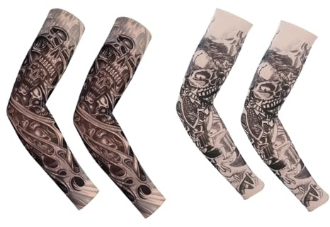 GWAWG 2 par tatuering armstulpen falsk nylon elastisk, voller arm Totenköpfe Halloween dehnbar, unisex fest tribal totem tatueringar ärmar, arm falska tatueringar ärmar skydd för utomhuscykling