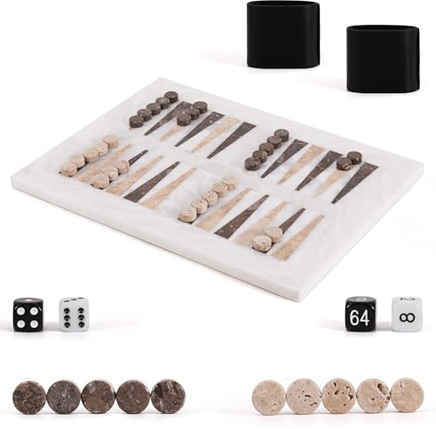 Jordens hantverk marmor backgammon set 40 cm vit naturlig sten bräda, oceanic & travertin spelchips 2 spelare strategi backgammon spelset för vuxna