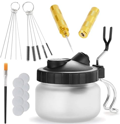 VOBOR 23 Pièces Kit de Nettoyage pour Aérographe, Comprenant 1 Pot Support 5 Brosses 5 Pics 1 Aiguille de Lavage 10 Cotons Filtrants et 1 Pinceau Fin, pour Nettoyage Airbrush & Autres Outils