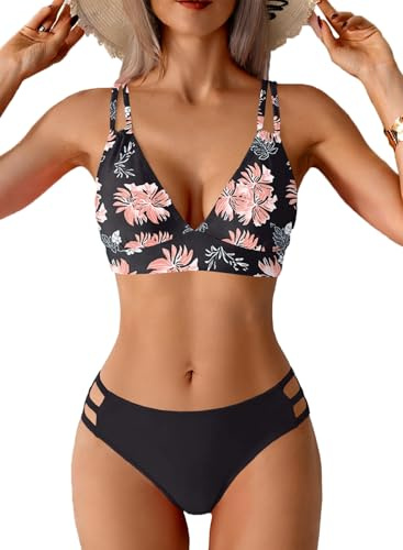 CheChury Maillot de Bain Femme 2 Pieces Col en V Bikini Set Deux Pièces Taille Haute Gainant Ventre Plat Maillot de Bain Push Up Sexy Ensemble Bikini Femme 2 Pieces Élégant Maillots Deux Pièces