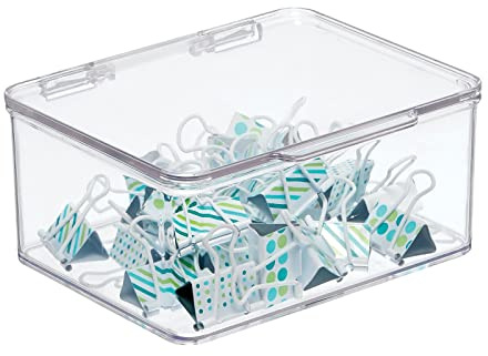 mDesign Small Plastic Home Office Storage Organizer Box Containers w/Hinged Lid for Desktops - Holds Pens, Pencils, Sticky Notes, Highlighters, Staples, Supplies - Lumiere Collection, Clear