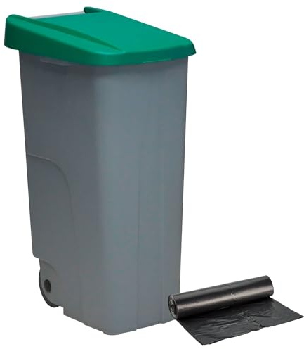 Contenedor de Residuos Reciclo 110L Verde con Tapa Cerrada y Ruedas Grandes – Plástico Resistente, Encajable y Ergonómico, Ideal para Vidrio y Reciclaje Profesional | Denox