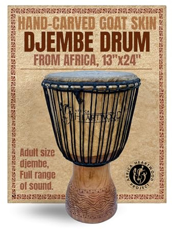 Africa Heartwood Project Hand-Carved Djembe Drum from Africa - 13x24 Classic Ghana Djembe (Fingerprint Carving) Solid Wood Shell & Natural Goat Skin - Ready to Play Out of the Box Musical Instrument
