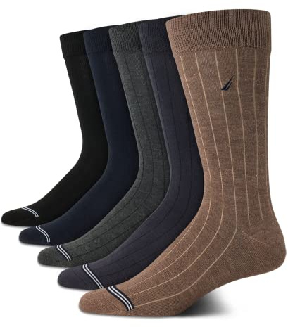 Nautica Mens Dress Socks - 5 Pack Breathable Comfort Stretch Crew-Length Work Socks for Men for Business Formal Wear (6-12.5), Size 6-12.5, Brown/Blue Assorted