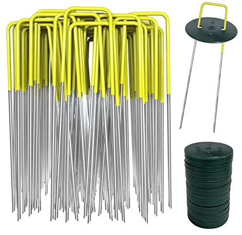 AGAKY Grapas Cesped Artificial, 40 Grapas para Jardín Mitad Amarillo y 40 Arandelas, Clavos Cesped Metal, Pare, Membrana de Control de Malezas, Estera, Valla, Mallas, Tela, 150 mm / 25 mm，Ø 2,8 mm
