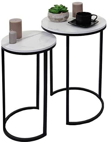 Mendler 2er-Set Beistelltisch HWC-K46, Kaffeetisch Nachttisch Loungetisch, Marmor-Optik MDF - weiß-schwarz
