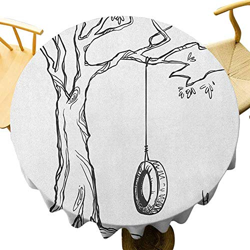 Rund Tischdecke Verzierter Baum Mit Einer Reifenschaukel Illustration Happy Place Sommer Kindheit Ferien Garten Schwarz Weiß Table Cloth Hochwertige Abwischbar Drucken Tischdecke 152 cm