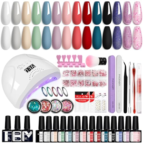 Phoenixy Kit Uñas Semipermanentes con 48W U V/LED Lámpara 14 Colores Uñas Semipermanentes Kit Completo con Base Top Coat Decoración de Uñas Ideal para Principiantes y Regalos