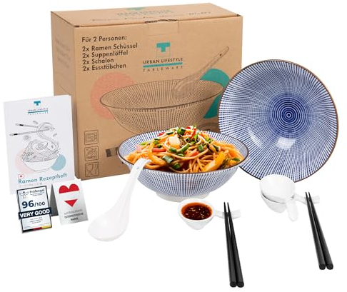 Urban Lifestyle Ramen Schüssel Set 2 Personen aus Porzellan 20cm Füllmenge 0,8-1 L Suppenschale Salatschüssel Pho Suppe Bowl Ramen Nudeln Müslischalen Udon Nudel Schale (Tokusa)