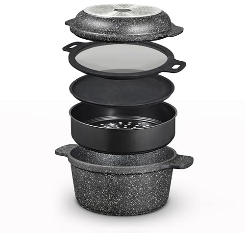 Tower Precision Multi-Functional Casserole Set with Steamer Insert, Lightweight Cast Aluminium, 24cm, Black, T900190