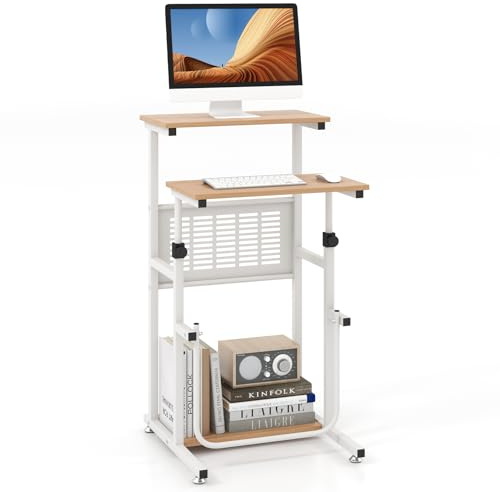 COSTWAY Table Informatique Assis-Debout, Bureau d'Ordinateur Réglable en Hauteur, Poste de Travail avec Support d'Imprimante, Repose-Pieds, pour Maison, Bureau, 55 x 53 x (68-98) cm