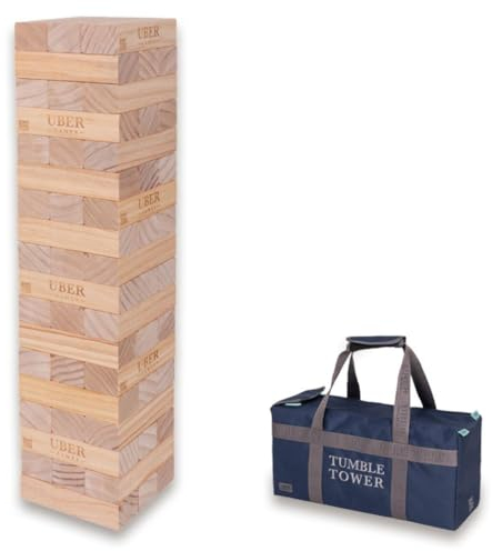 Ubergames Tour mobile géante jusqu'à 90+ cm XXL Jumbo Hi-Tower dans sac – 0,9 m (max dans le jeu. Jeu de tour en bois de pin massif – blocs de luxe supplémentaires et sac (jusqu'à 90 cm)