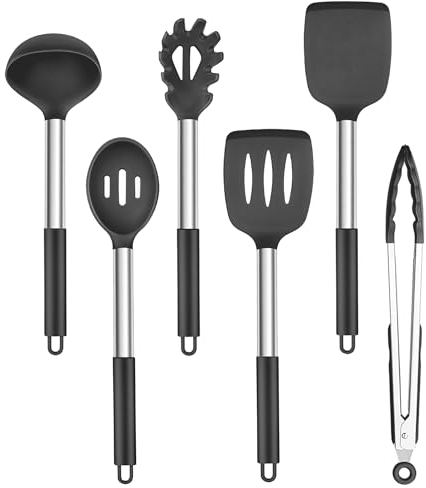 Onader Black Kitchen Utensils Set, 6 Pieces Silicone Cooking Utensils for Non-Stick Cookware, Heat Proof Kitchen Cooking Tools, Stainless Steel Handle & Dishwasher Safe