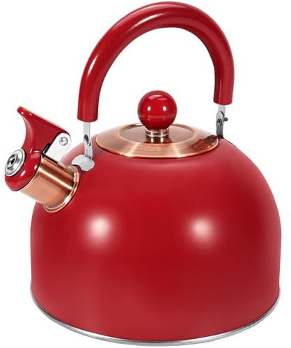 GGC 2.6QT Tea Kettle for Stove Tops, Whistling Tea Kettles for Boiling Water Coffee or Milk, Red Stainless Steel Tea Pots with Folding Handle, Thumb Design Control Kettle Outlet