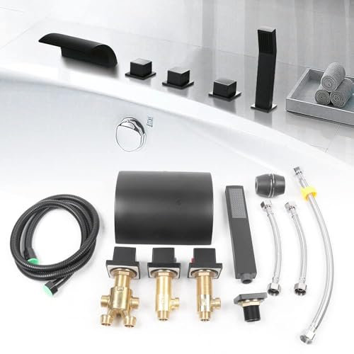Robinet de baignoire, cascade, 5 trous, en laiton, douchette à main, avec 3 poignées, noir